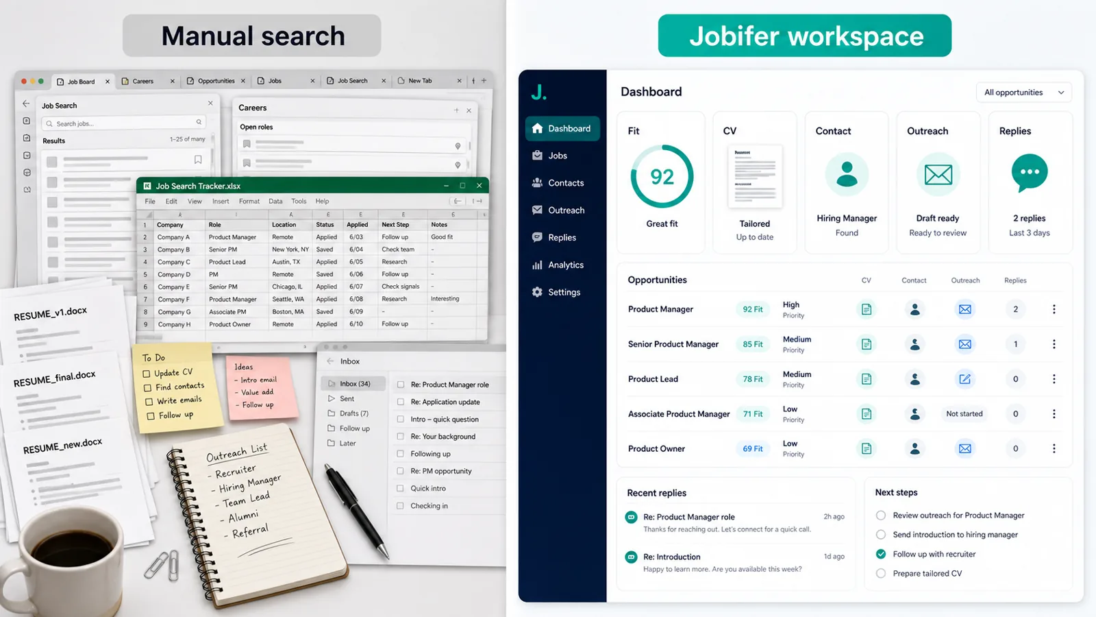 Manual job search compared with an organized Jobifer workspace